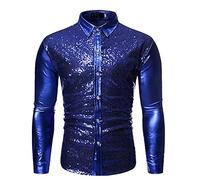 Men's Sequin Shirt Shiny Metallic Shirt Long Sleeve Shirt Slim Fit Party Disco 70s Latin Dance Jazz Clothing Top, 01 Blue, M