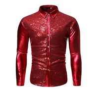 Men's Sequin Shirt Shiny Metallic Shirt Long Sleeve Shirt Slim Fit Party Disco 70s Latin Dance Jazz Clothing Top, 01 Red, XL
