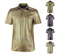 Men's Sequin Shirt UK Sale Clearance, 70s Disco Party Nightclub Costume Summer Short Sleeve Tshirts Metallic Glitter Tops Button V-Neck Pullover Night Club Fancy Dress Shirts Sparkly Blouse Clubwear