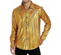 Men's Sequin Shirts Long Sleeve T-Shirt Casual Button Up Shirts Sparkle Tee Regular Fit Classic Pullover Warm Underwear Plain T-Shirts Cotton Workwear Boys Undershirts Shiny Tops for Club Party Gold