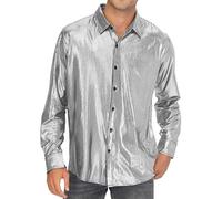 Men's Sequin Shirts Long Sleeve T-Shirt Casual Button Up Shirts Sparkle Tee Regular Fit Classic Pullover Warm Underwear Plain T-Shirts Cotton Workwear Boys Undershirts Shiny Tops for Club Party
