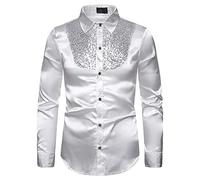 Mens Sequin Shirts Sale, 70s Luxury Disco Button Down Shirt Fashion Satin Blouse Solid Color Long Sleeve Tops Evening Club Pullovers Lapel Collar Dress Shirt Fall Dance Party Outfits Plus Size S-XXL