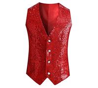 Men's Sequin Suit Vest Glitter Vest 70s Sleeveless Coat Disco Sequin Vest Carnival Costume Rave Outfit Shiny Wedding Vest V Neck Gilet Party Dance Costume, O Red, 3XL