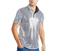 Men's Sequin T-Shirt Creative Starry Sky Sequins Blue Printed Short Sleeves Round Neck Quick Dry Summer Graphic Tops Vintage Disco Polo Shirt 70s 80s, A silver, M