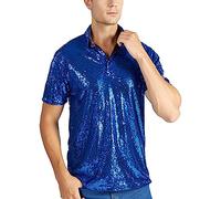 Men's Sequin T-Shirt Creative Starry Sky Sequins Blue Printed Short Sleeves Round Neck Quick Dry Summer Graphic Tops Vintage Disco Polo Shirt 70s 80s, navy, M