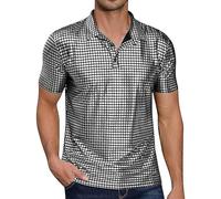 Men's Sequin T-Shirt Shiny Metallic Turtle Back Pattern Short Sleeve Shirt for Club Bar Party Stage Performance Night Club Dance Lapel Collar Rainbow Patchwork Party Tops, C Yellow, M