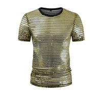 Men's Sequin T-Shirt, Short Sleeve Transparent Glitter Round Neck Tank Top, Shiny Metallic 70s 80s Disco Shirts with Sheer Panels, Casual Mesh Tunic Tops for Clubwear Dynamic Stage Performances Raves