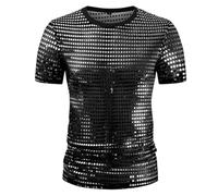 Men's Sequin T-Shirt, Short Sleeve Transparent Glitter Round Neck Tank Top, Shiny Metallic 70s 80s Disco Shirts with Sheer Panels, Casual Mesh Tunic Tops for Clubwear Dynamic Stage Performances Raves