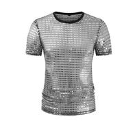 Men's Sequin T-Shirt, Short Sleeve Transparent Glitter Round Neck Tank Top, Shiny Metallic 70s 80s Disco Shirts with Sheer Panels, Casual Mesh Tunic Tops for Clubwear Dynamic Stage Performances Raves