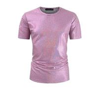 Men's Sequin T-Shirts Shiny Metallic T Shirts 70s Disco Tee Shirts Round Neck Glitter Blouse Sparkle Short Sleeve T-Shirts Slim Fit Sequins Tshirts for Rave Party Nightclub Prom Cosplay Pink