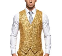 Men's Sequin Waistcoat Sparkle Sleeveless Single-Breasted Party Suit Vest | V Neck Tailored Slim Fit 70s Prom Disco Shiny Vest for Formal Business Wedding Casual Wrinkle-Resistant Full Front Button