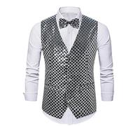 Mens Sequin Waistcoats Clearance Tweed Herringbone Single Breasted Suit Vest Formal Dress Sleeveless V Neck Blazer Jacket Solid Color Waistcoat Classic Wedding Business Party Vest with Bow Tie S-3XL