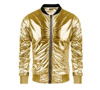 Men's Sequins Gold Bomber Jacket Plain Long Sleeve Shiny Jackets 70s Disco Party Costume Prom Wedding Shirts Regular Fit Stage Work Shirts Stand Collar Full Zip Sequin Tops