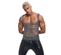 Mens Sexy Fishnet Low Cut Vest Glittery Rhinestone Sheer Mesh Raves Dance Party Nightclub Disco Tank Top Sleeveless Shirt Beach Pool Party Halloween Cosplay Sparkly Vest T-Shirt Clubwear Black