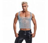 Mens Sexy Fishnet Low Cut Vest Glittery Rhinestone Sheer Mesh Raves Dance Party Nightclub Disco Tank Top Sleeveless Shirt Beach Pool Party Halloween Cosplay Sparkly Vest T-Shirt Clubwear