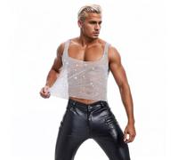 Mens Sexy Fishnet Low Cut Vest Glittery Rhinestone Sheer Mesh Raves Dance Party Nightclub Disco Tank Top Sleeveless Shirt Beach Pool Party Halloween Cosplay Sparkly Vest T-Shirt Clubwear
