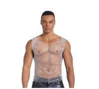 Mens Sexy Fishnet Rhinestones Vest Glittery Rhinestone Sheer Mesh Raves Dance Party Nightclub Disco Tank Top Sleeveless Shirt Beach Pool Party Halloween Cosplay Sparkly Vest T-Shirt Clubwear