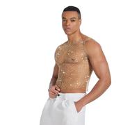 Mens Sexy Fishnet Rhinestones Vest Glittery Rhinestone Sheer Mesh Raves Dance Party Nightclub Disco Tank Top Sleeveless Shirt Beach Pool Party Halloween Cosplay Sparkly Vest T-Shirt Clubwear