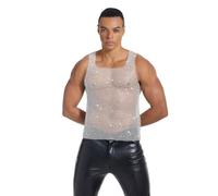 Mens Sexy Fishnet Rhinestones Vest Glittery Rhinestone Sheer Mesh Raves Dance Party Nightclub Disco Tank Top Sleeveless Shirt Beach Pool Party Halloween Cosplay Sparkly Vest T-Shirt Clubwear