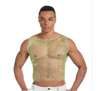 Mens Sexy Fishnet Rhinestones Vest Glittery Rhinestone Sheer Mesh Raves Dance Party Nightclub Disco Tank Top Sleeveless Shirt Beach Pool Party Halloween Cosplay Sparkly Vest T-Shirt Clubwear