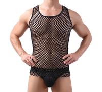 Men's Sexy Mesh Fishnet Tank Top See Through Sleeveless Lingerie Clubwear Exotic Sheer Undershirt for Party Nightwear Sleepwear (UK, Alpha, One Size, Regular, Regular, Black)