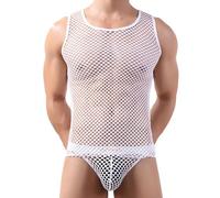 Men's Sexy Mesh Fishnet Tank Top See Through Sleeveless Lingerie Clubwear Exotic Sheer Undershirt for Party Nightwear Sleepwear (UK, Alpha, One Size, Regular, Regular, White)
