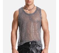 Men's Sexy Mesh Tank Top See Through Fishnet Vest for Parties and Holidays (M Grey)