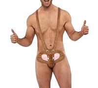 Men's Sexy One-Piece Gay Party Mankini Lingerie, Nightclub Pool Jumpsuits Backless Bodysuit Leopard Elephant Bulge Pouch Jockstrap Thong Underwear Brown One Size