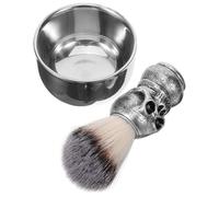 Mens Shaving Brush and Bowl Set Skull Design Stainless Steel Halloween | Fiber Bristles, Skin Massage and Oil Spread, Home Shaving Ritual, for Beard Care and Cleanup