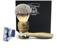 Mens Shaving Kit Synthetic Hair Shaving Brush & 5 Edge Razor with Stimulated Horn Handle Comes in Gift Box