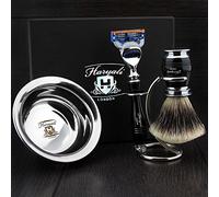 Men's Shaving Set in Black Colour Razor(Replaceable Head),Sliver Tip Badger Hair Brush, Dual Stand for Both Razor & Brush and Stainless Steel Bowl