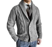 Mens Shawl Collar Cable Knitted Cardigan Button Down Sweater Coats, Gray Long Sleeve Knitted Jumper Transition Jacket Casual Knitwear Cardigan Tops,Xs