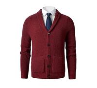 Men's Shawl Collar Cardigan Sweater - Cable Knit, Button-Up, Merino Wool - A Modern Classic That Never Goes Out of Style, Wine Red, XL