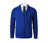 Men's Shawl Collar Cardigan Sweater - Cable Knit, Button-Up, Merino Wool - A Modern Classic That Never Goes Out of Style, Blue, Medium