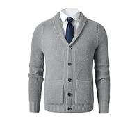 Men's Shawl Collar Cardigan Sweater - Cable Knit, Button-Up, Merino Wool - A Modern Classic That Never Goes Out of Style, Grey, XXL