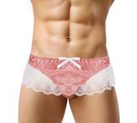 Men's Sheer Lace Thong Briefs Featuring Satin Accents and Transparent Mesh Design for Bold Expression (M Pink)