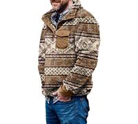 Men's Sherpa Half Zip Pullover Western Aztec Print Sweatshirt Fuzzy Fleece Plaid Button Front Patchwork Jumper Tops(Khaki,Large)