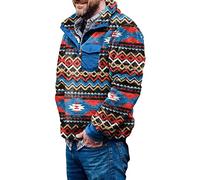 Men's Sherpa Half Zip Pullover Western Aztec Print Sweatshirt Fuzzy Fleece Plaid Button Front Patchwork Jumper Tops(Blue,Medium)