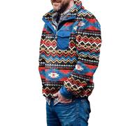 Men's Sherpa Half Zip Pullover Western Aztec Print Sweatshirt Fuzzy Fleece Plaid Button Front Patchwork Jumper Tops (Blue, M)