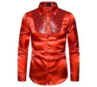 Men's Shiny Design Long Sleeve Dress Shirts Slim Fit Business Button Down Ruffle Shirts Luxury Party Dress Shirt (Red#1, XXL)