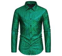 Men's Shiny Fish Scale Shirt, Long Sleeve Metallic Button Down Disco Rock Party Shirts, Sparkly Lapel Collar Bronzing Print T-Shirt, Slim Fit Casual Muscle Tops for Dance Nightclub Stage Performance