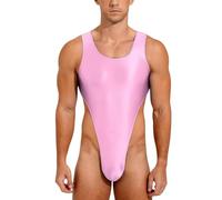 Men's Shiny Glossy Leotard, Sleeveless U Neck High Cut Thong Gymnastics Bodysuit, Stretchy Low Back Solid Sparkle Dance Jumpsuit, Slim Fit One Piece Leotard for Training Swimwear Yoga Gym Workout