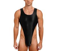 Men's Shiny Glossy Leotard, Sleeveless U Neck High Cut Thong Gymnastics Bodysuit, Stretchy Low Back Solid Sparkle Dance Jumpsuit, Slim Fit One Piece Leotard for Training Swimwear Yoga Gym Workout