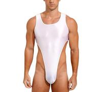 Men's Shiny Glossy Leotard, Sleeveless U Neck High Cut Thong Gymnastics Bodysuit, Stretchy Low Back Solid Sparkle Dance Jumpsuit, Slim Fit One Piece Leotard for Training Swimwear Yoga Gym Workout