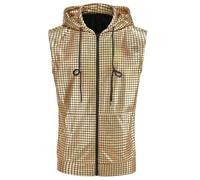 Mens Shiny Hooded Vest, Metallic Sequins Zip Up Sleeveless T-Shirt with Kangaroo Pocket, Sparkly Sequined 70s 80s Disco Fancy Dress Shirt for Party Nightclub Christmas Prom Costume
