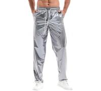 Mens Shiny Metallic Pants Loose Hippie Trousers Disco Dance Trousers Party Joggers Harem Pants for Jazz Hip Hop Dancing Costume Silver