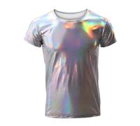 Men's Shiny Metallic T-Shirts, Short Sleeve Wet Look Tunic Tops for Clubwear, 70s 80s Disco Crew Neck Solid PVC Leather Muscle Top, Slim Fit Casual Pullovers for Party Festival Dance Nightclub Costume