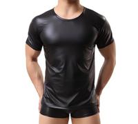 Men's Shiny Metallic Tank Top, PVC Leather Short Sleeve Undershirt T-Shirts, Round Neck Muscle Tight Tee Shirts Clubwear, Black Slim Fit Dance Top T-Shirt for Night Club Music Festival Disco Costume