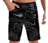 Men's Shiny PVC Leather Shorts Button Front Pockets(Black L)