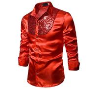 Men's Shiny Sequin Design Silk Like Satin Button Up Disco Party Dress Shirts Long Sleeve Slim Fit Prom Shirts Costume, red, S